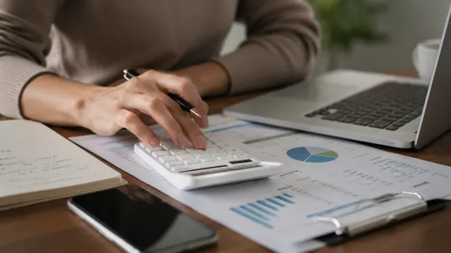 A calculator, laptop, and pie charts on a desk explain the 65 25 10 rule.