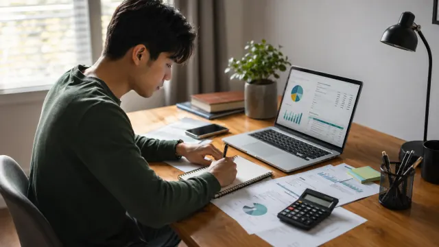 A man reviews laptop charts and notes for how can I get ahead financially.