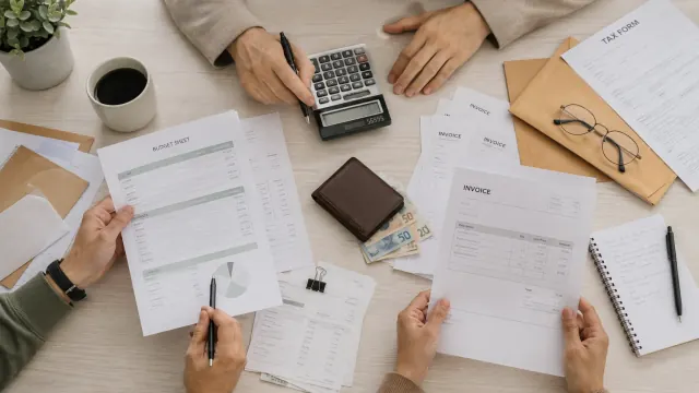 A desk covered with bills, papers, and a calculator for how to manage bills.