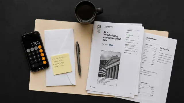 A budgeting binder, calculator, and notes sit ready for a money saving binder.