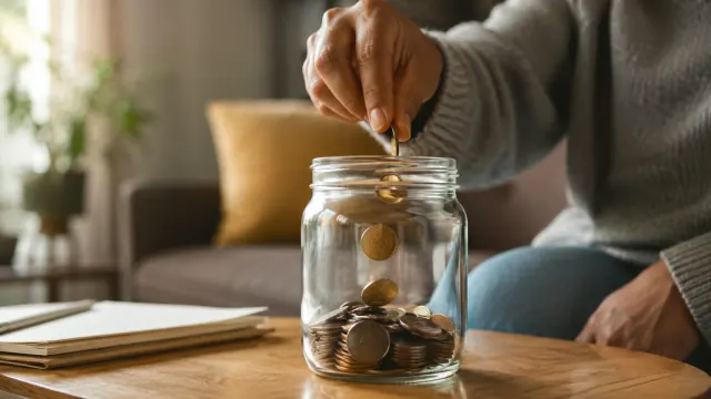 Coins drop into a glass jar for a printable money saving challenge.