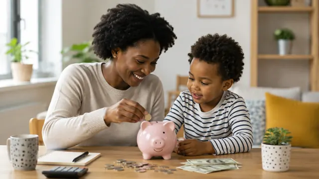 A parent and child use a piggy bank together for save money motivation.