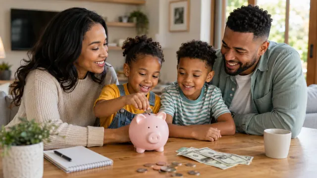 A family gathers around cash and a piggy bank, showing why saving money is important.