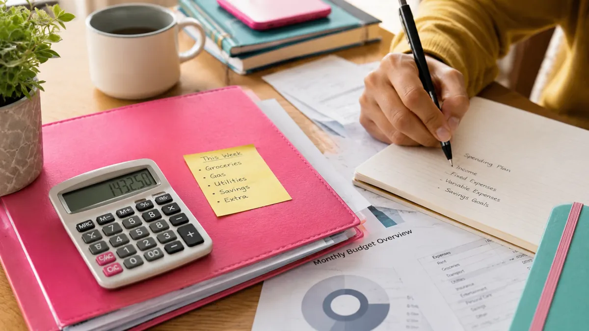 A notebook, calculator, and budget notes on a desk for ways to cut expenses.